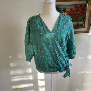 Ana Green Floral True Wrap Blouse Size Large